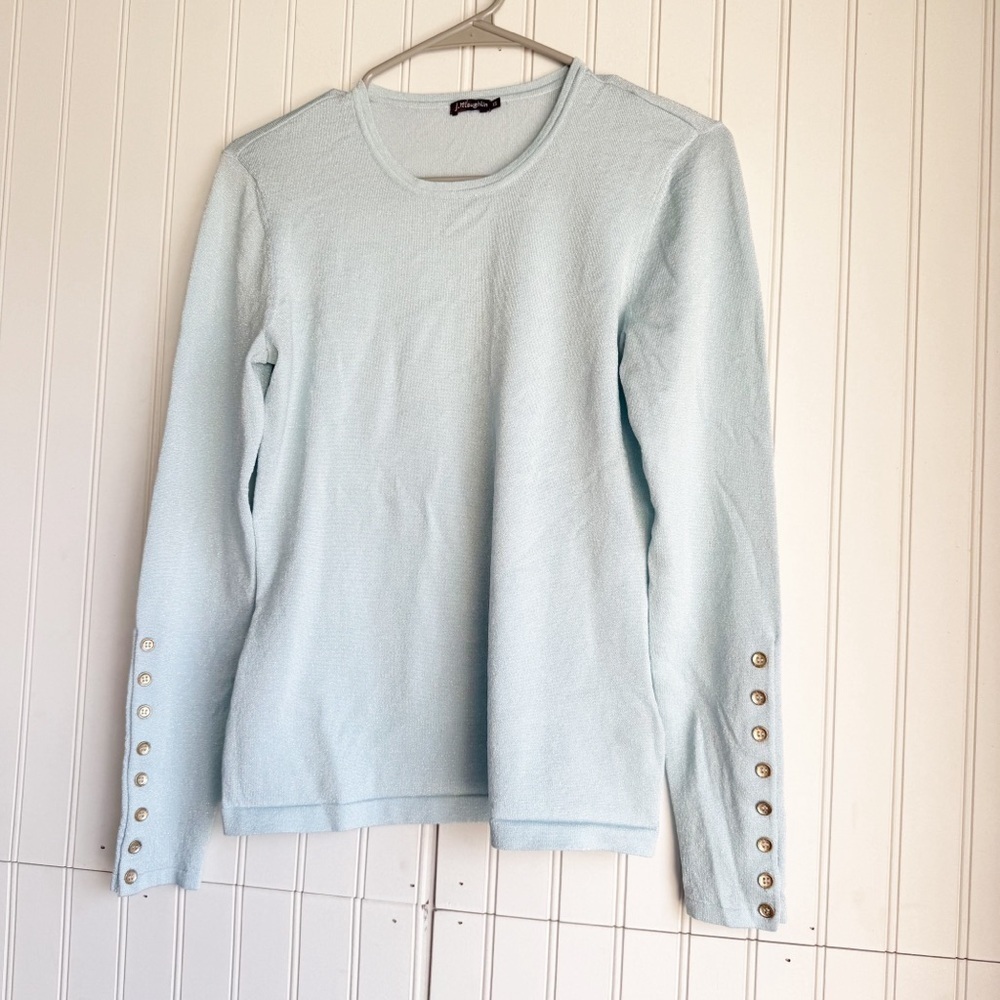 J. Mclaughlin Size XS Blue Shimmer Knit Top with Gold button on Sleeves